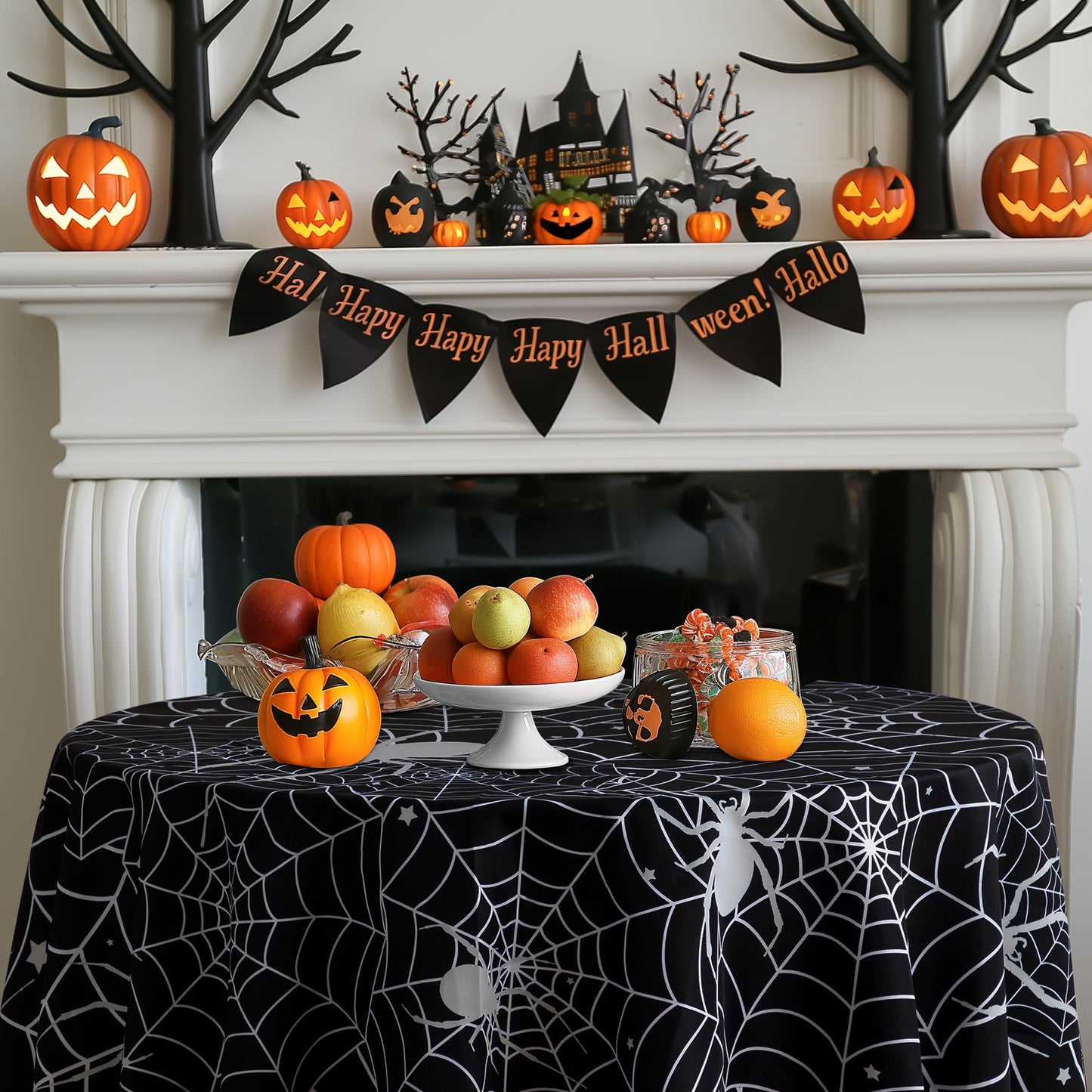 60 Inch Round Polyester Tablecloth, Halloween Black Spider Web Table Cloth, Spillproof Washable Polyester Table Cover - Perfect for Halloween Party Decorations
