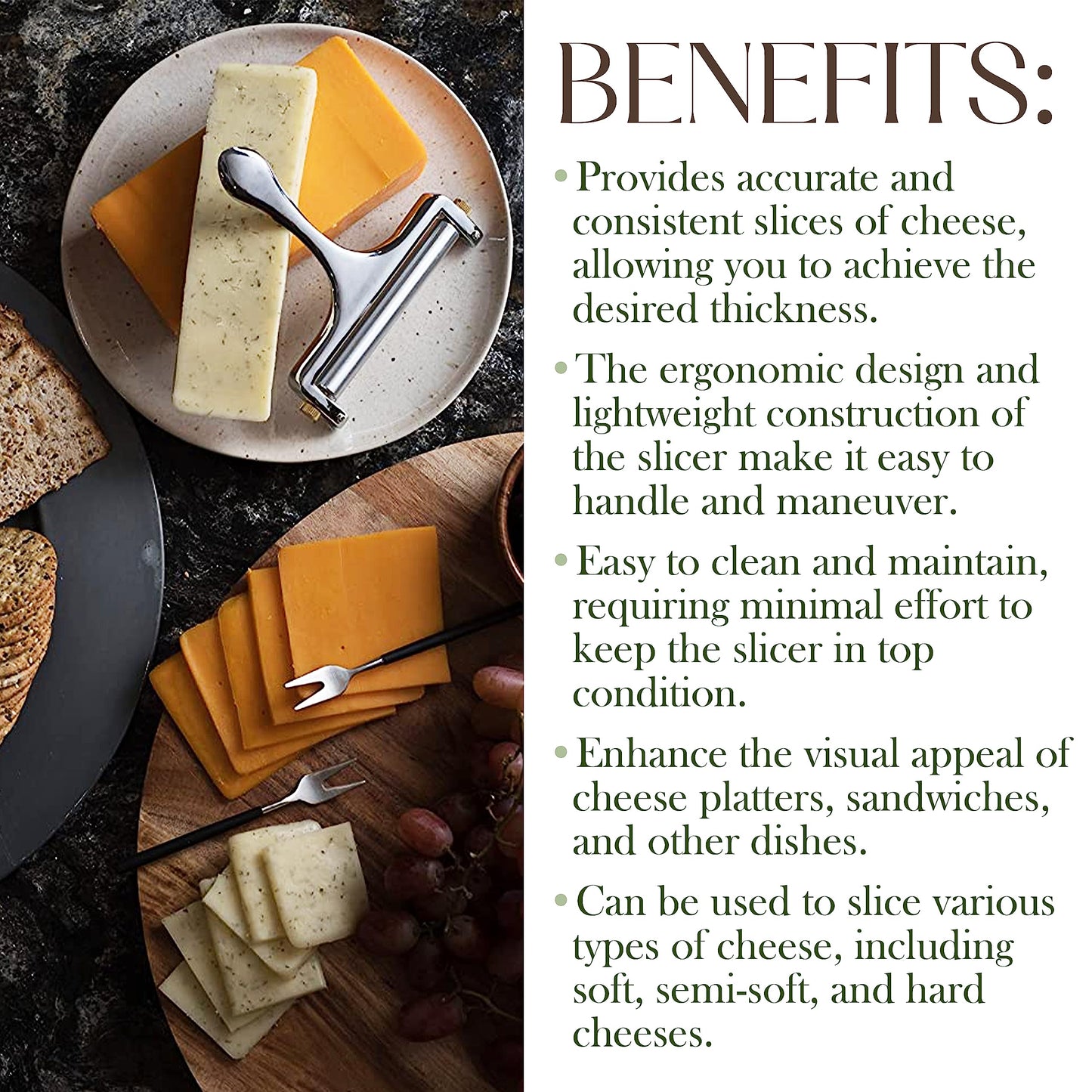 Bellemain Stainless Steel Wire Cheese Slicer - Hand Held Cutter for Cheddar, Gruyere, Raclette, Mozzarella Block, Adjustable Shaver, Thick & Thin Slicer, Curler (Silver)