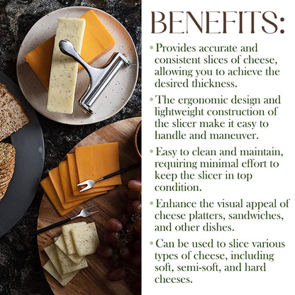 Bellemain Stainless Steel Wire Cheese Slicer - Hand Held Cutter for Cheddar, Gruyere, Raclette, Mozzarella Block, Adjustable Shaver, Thick & Thin Slicer, Curler (Silver)