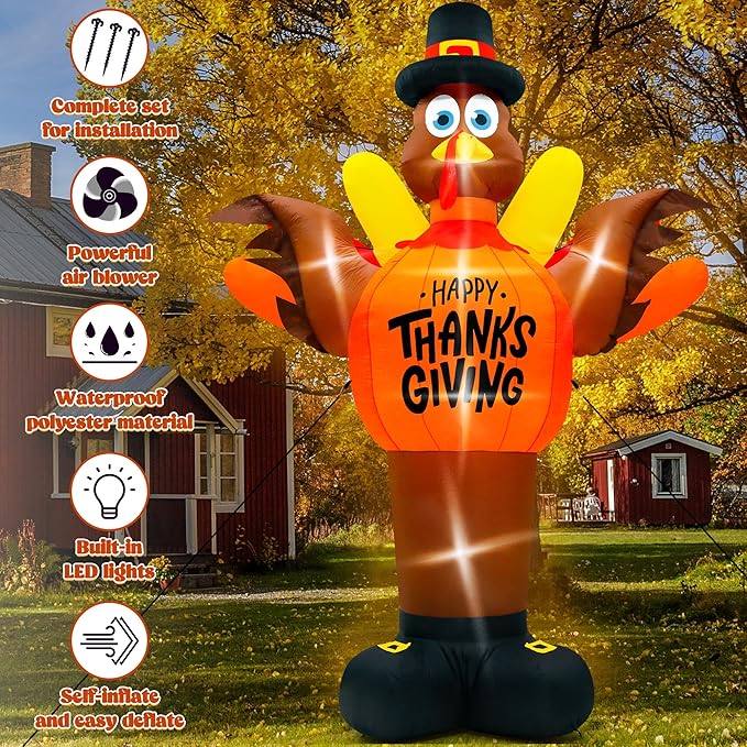 14FT Thanksgiving Turkey Inflatables, Extra Large Blow Up Thanksgiving Turkey Wearing Pumpkins, Pre-lit Happy Thanks Giving Outdoor Inflatable Decorations