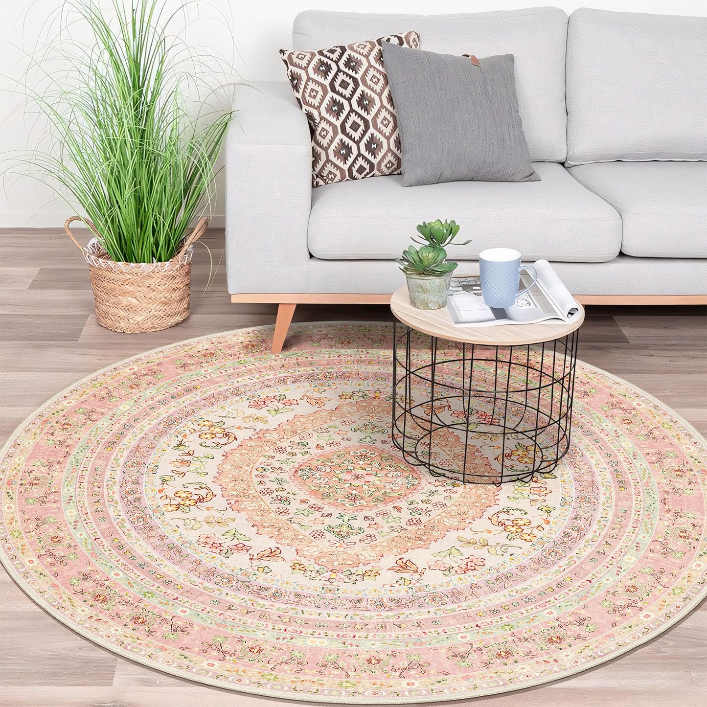 Castage Round Area Rugs 5ft Washable,Pink Rug for Living Room Bedroom