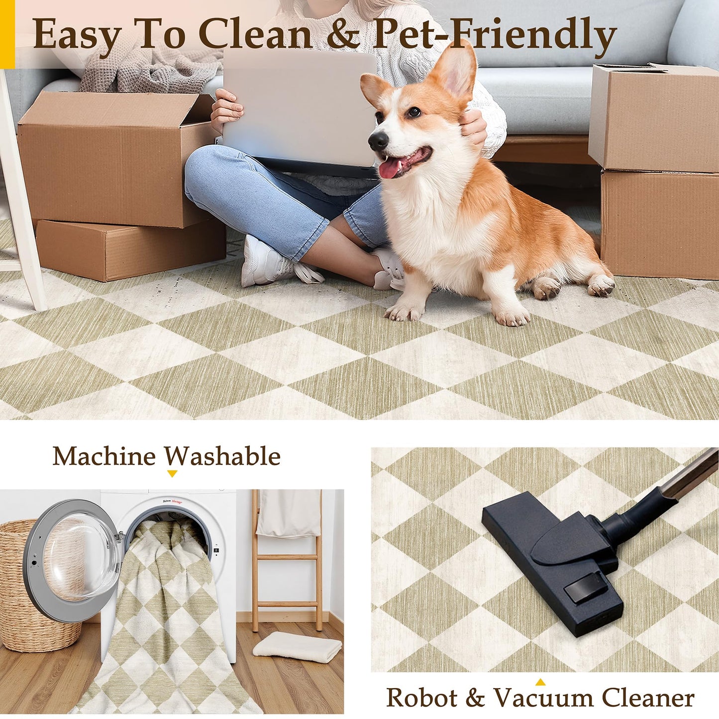 WondRg 5x7 Checkered Beige Area Rug for Living Room Bedroom Washable Soft Modern Non Slip Thin Throw Rug Lightweight Low Pile Neutral Carpet Dining Room Nursery Playroom Office