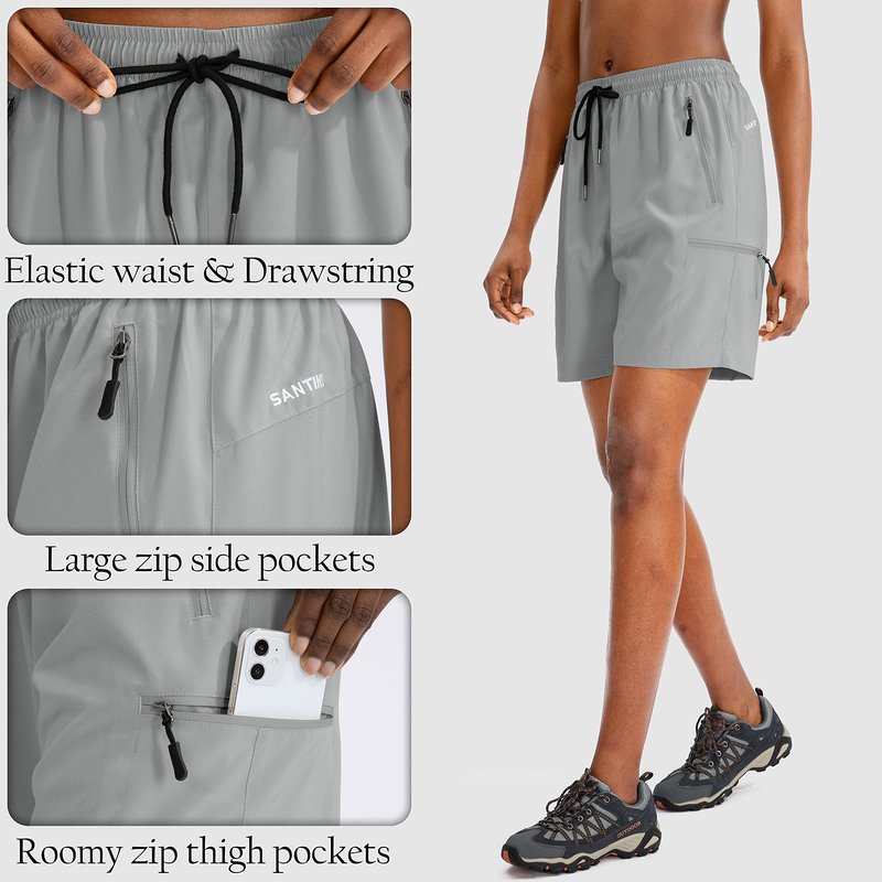 SANTINY Women's 5''/ 7''/9'' Hiking Cargo Shorts Quick Dry Lightweight Summer Shorts for Women Athletic Golf Zipper Pockets(Light Grey_XXL)