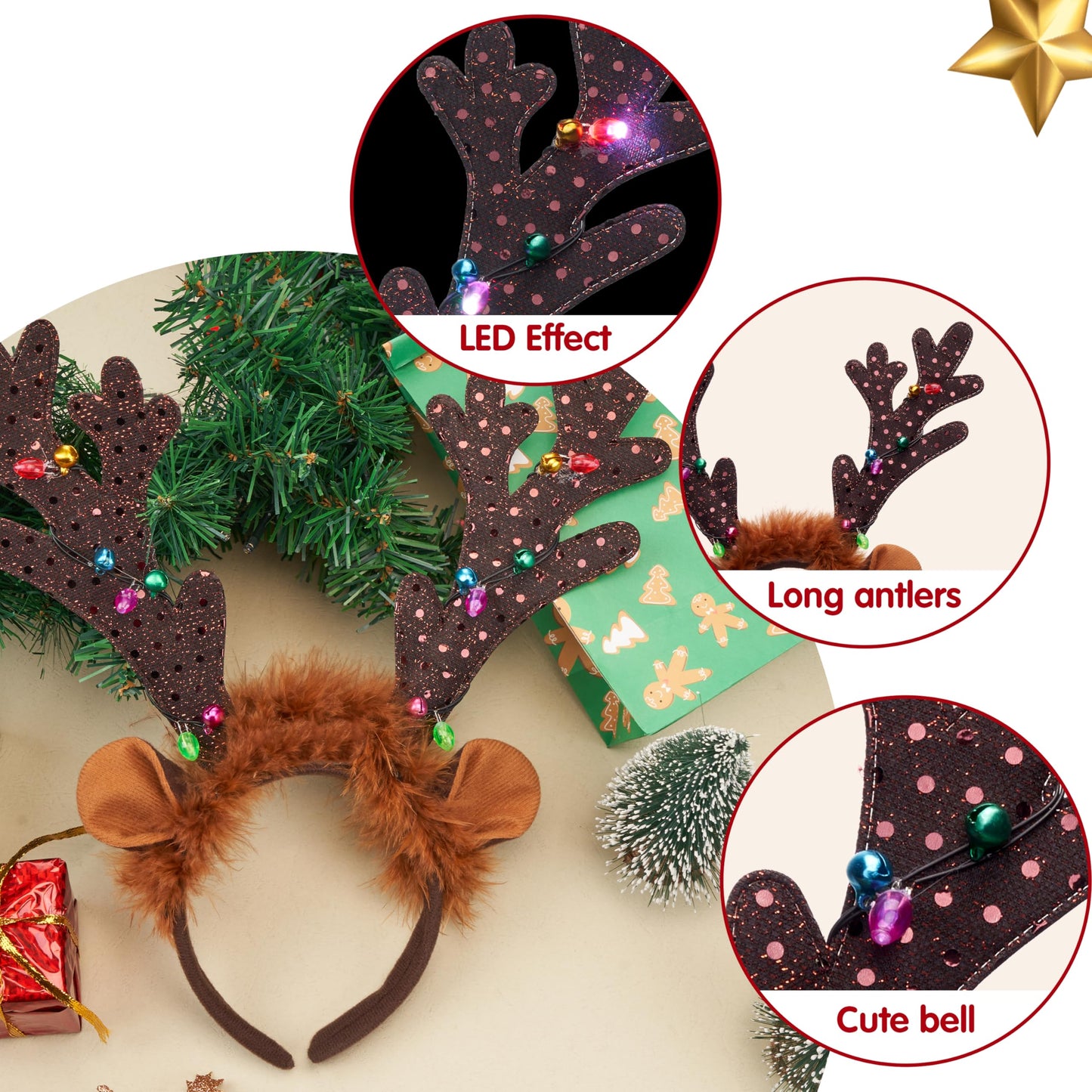 JOYIN 4 PCS Christmas Light Up Antler Headband, Long Antler Headband for Adult Kids Christmas Party Favor Supplies Xmas Accessories Holiday.