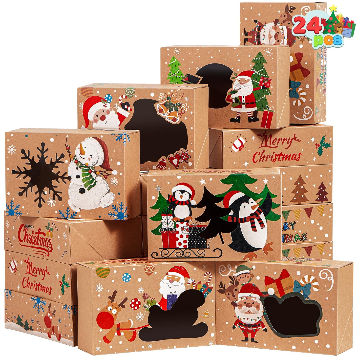 JOYIN 24PCS Christmas Cookie Boxes for Gift Giving, 8.75" x 5.75" x 2.75" Xmas Holiday Bakery Treat Boxes with Window, Kraft Cookie Tin Containers Box for Baked Goods, Cupcake, Pastry, Brownies, Candy