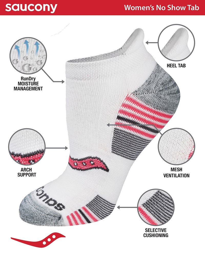 Saucony Women's RunDry Performance 8, 16 Pairs Heel Tab Athletic Socks, S-L, Grey Fashion (16 Pairs), Small