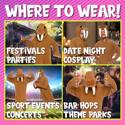 Funziez! Adult Onesie Halloween Costume - Animal Dinosaur Shark - Unisex Plush One Piece Cosplay Suit for Adults, Men and Women (Large, Walrus)