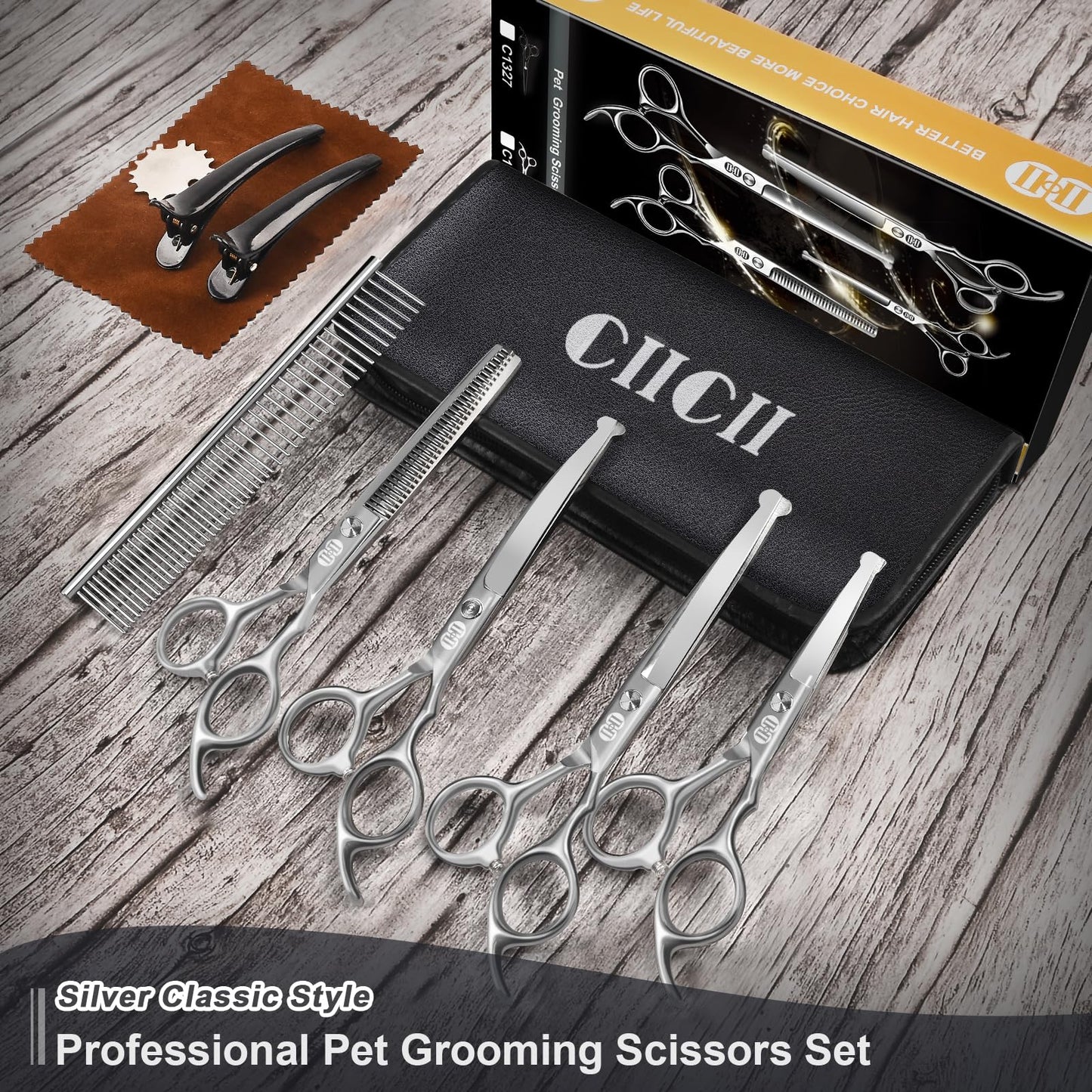 CIICII Dog Grooming Scissors Kit, 10-In-1 Professional Pet Grooming Scissors Set with Safety Round Tip (Dogs/Cat Hair Cutting Trimming Thinning Shears with Curved Scissors) for DIY Home Salon (Silver)