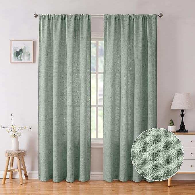 Tollpiz Linen Curtain Living Room Rod Pocket Semi Sheer Curtains Burlap Light Filtering Thick Linen Drape for Bedroom, 54 x 72 inches Long, Sage Green, Set of 2 Panels