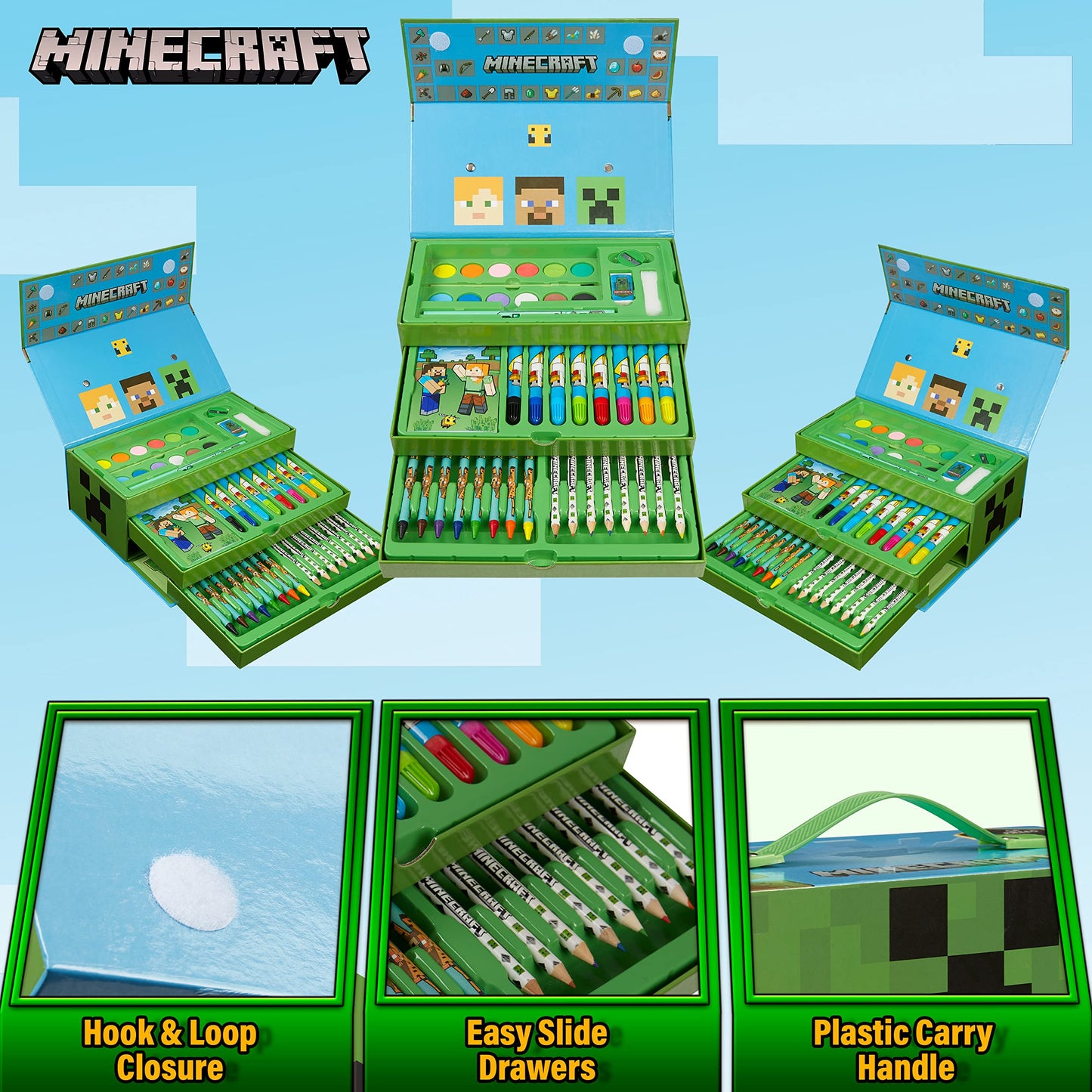 Minecraft Art Supplies Set with Colouring Pencils Felt Tip Pens Watercolour Paints Wax Crayons for Drawing Painting Set Creeper Travel Art Set Gamer Gifts