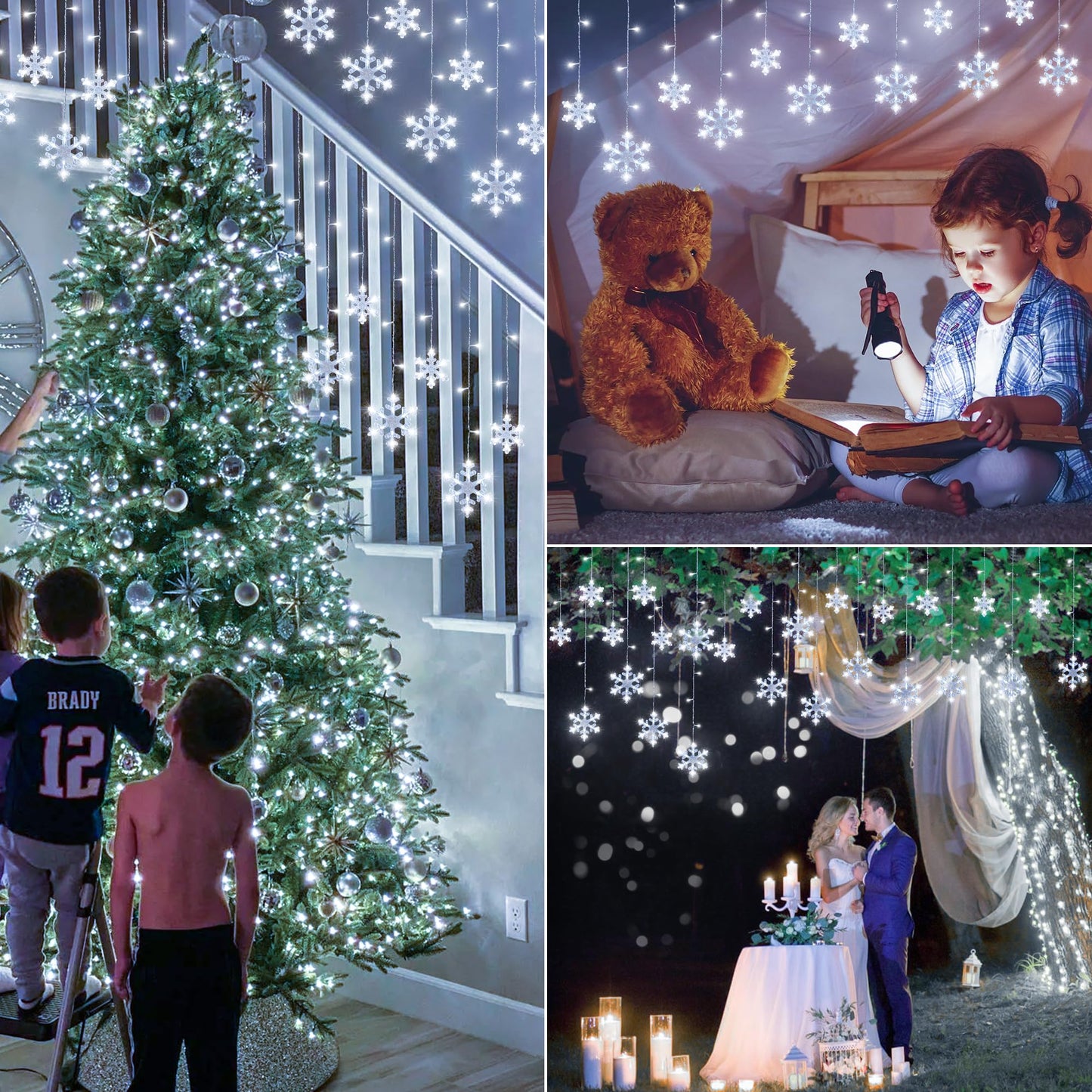 Qunlight Christmas Snowflake Icicle Lights,6.5ft 144LED Curtain Lights Outdoor with 12 Drops, 8 Modes Waterproof Connectable Fairy Light for Eaves, Garden, Yard, Indoor Outdoor Xmas Decor (White)