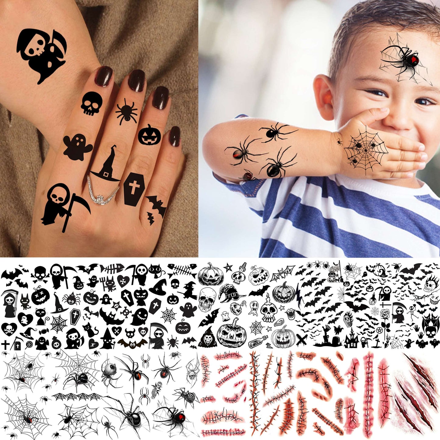 TASROI 236+ PCS 45 Sheets Halloween Temporary Tattoos For Kids Zombie Makeup Kits 3D Bats Spider Web Witch Small Black Ghost Pumpkin Face Stitches Fake Scar Tattoo Stickers For Women Adult Men Skull