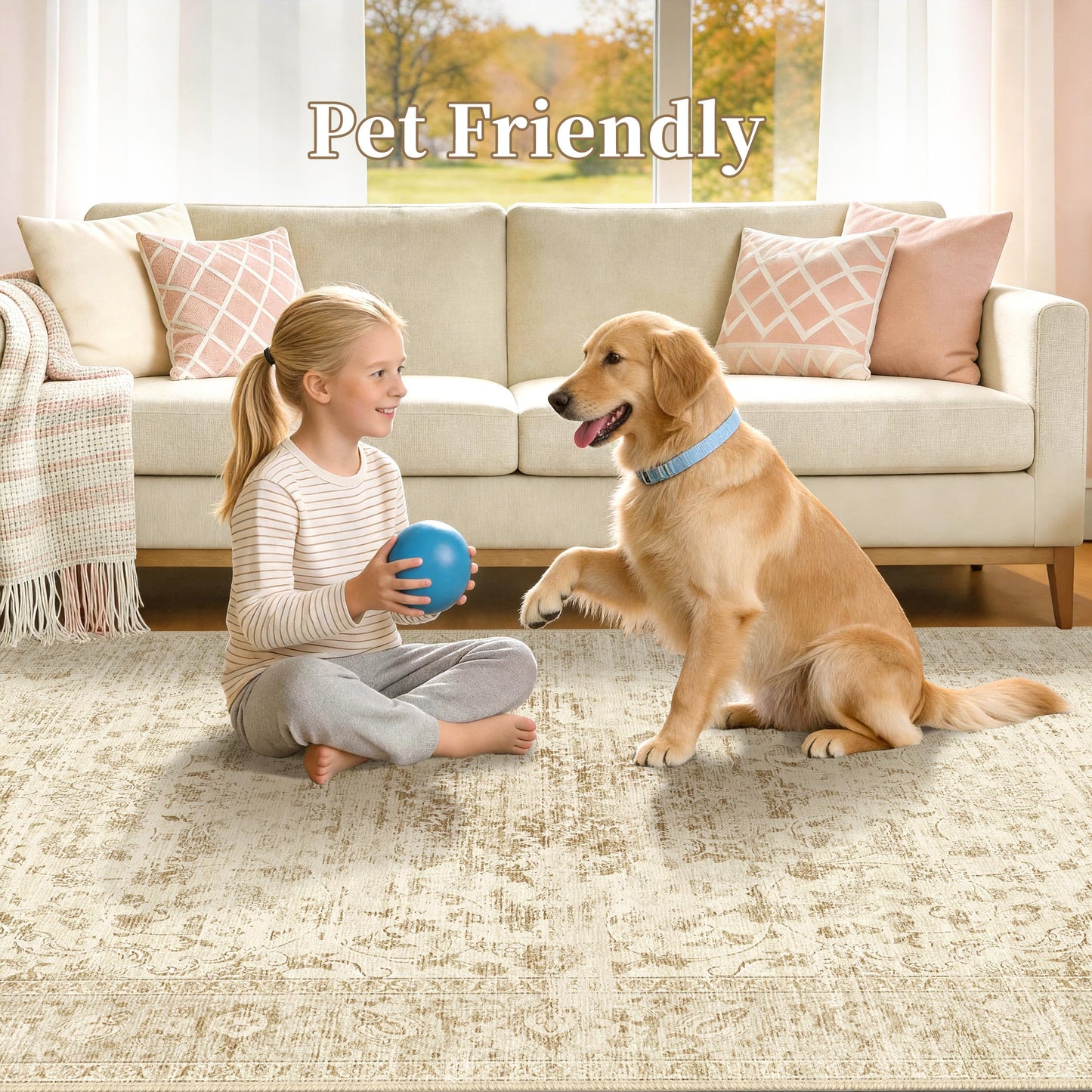 TTelephant Beige Living Room Rug, Neutral Vintage Boho Washable Rug 6x9 for Bedroom and Dining Room, Low Pile Large Carpets with Non-Slip Silicone Backing, Non-Shedding