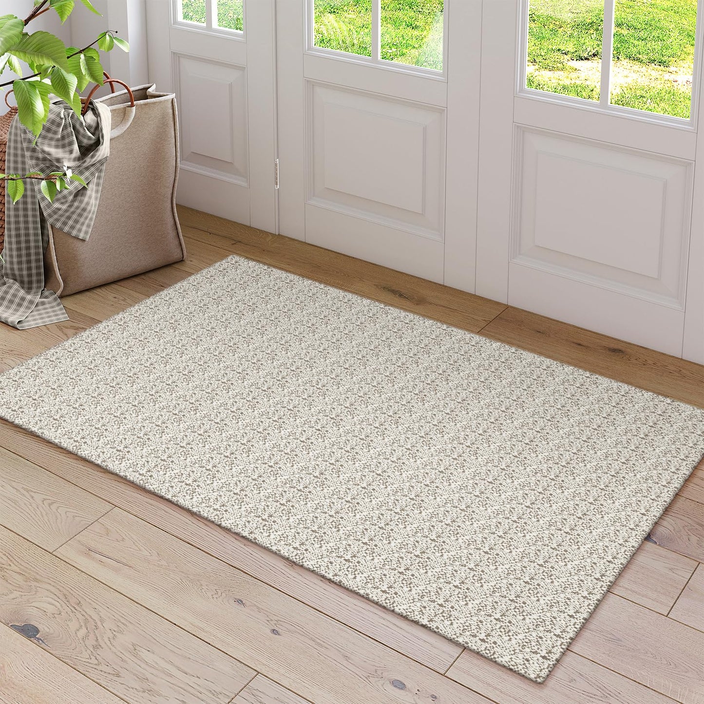 Collive Boho Washable Area Rugs 3x5 Kitchen Area Rugs Rubber Backed Woven Braided Carpet Non-Slip Farmhouse Bedroom Rugs Tan Indoor Front Door Rugs for Entryway Bathroom Balcony, Natural