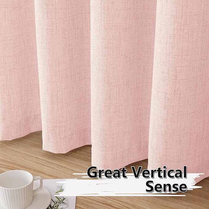 Tollpiz Short Linen Curtains Living Room Rod Pocket Semi Sheer Curtain Burlap Light Filtering Thick Linen Drapes for Bedroom, 54 x 54 inches Long, Pink, Set of 2 Panels