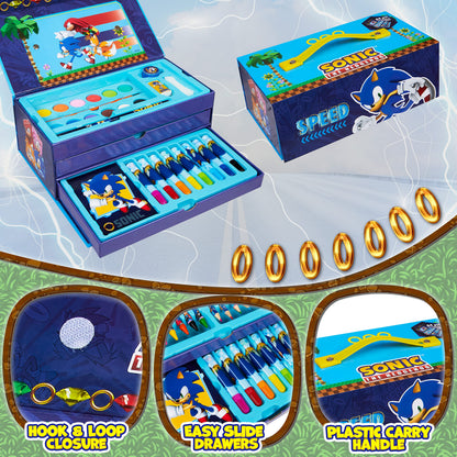Sonic The Hedgehog Art Set for Girls Boys Colouring Sets for Children 40 Plus Pieces Travel Set Carrying Handle Painting Sets for Children Art Supplies Gifts for Boys