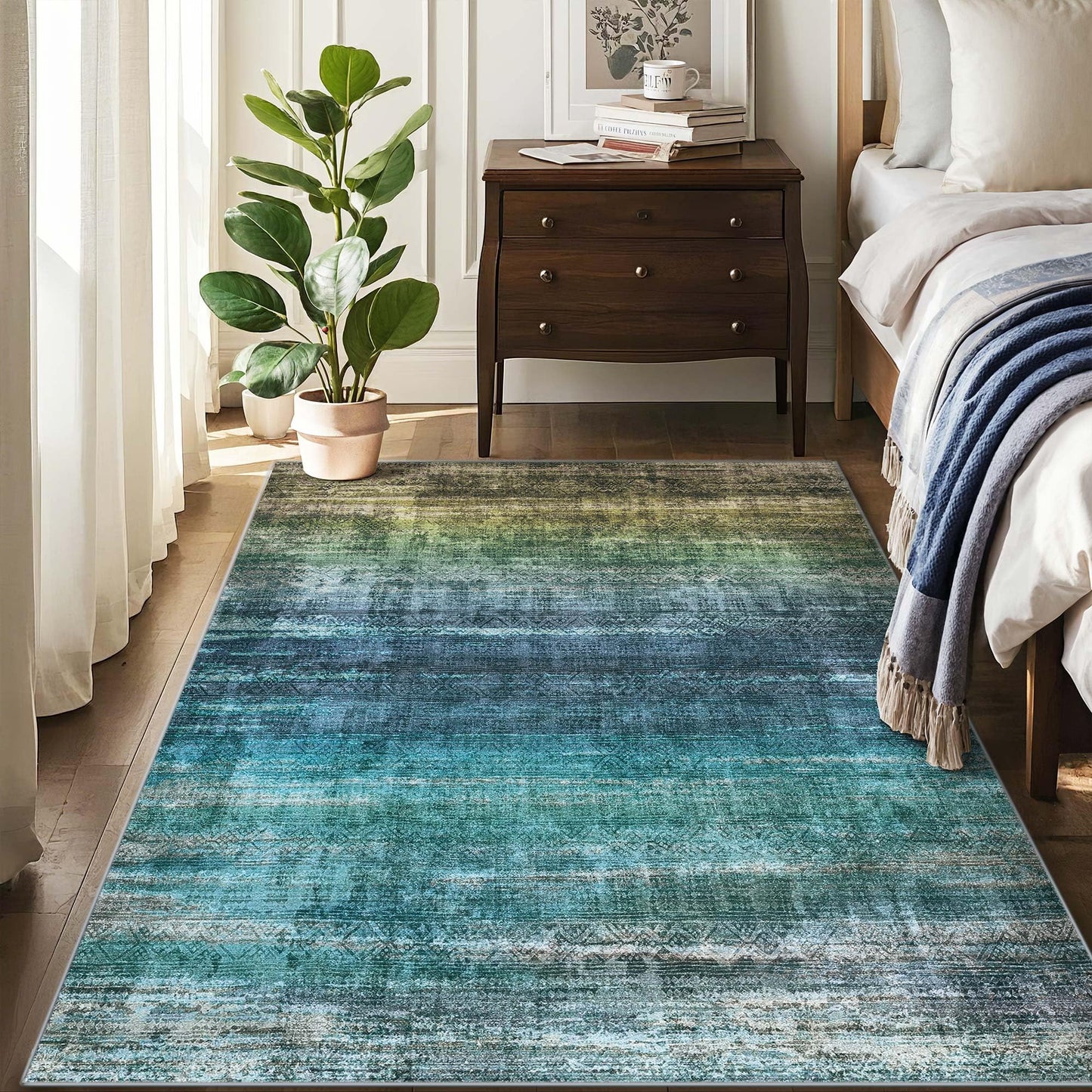 Kokia Abstract Teal Area Rug Living Room 5x7 Colorful Washable Large Rug Bedroom Living Room Under Dining Table Soft Non Slip Stain Resistant Carpet Room Decor, Blue and Green