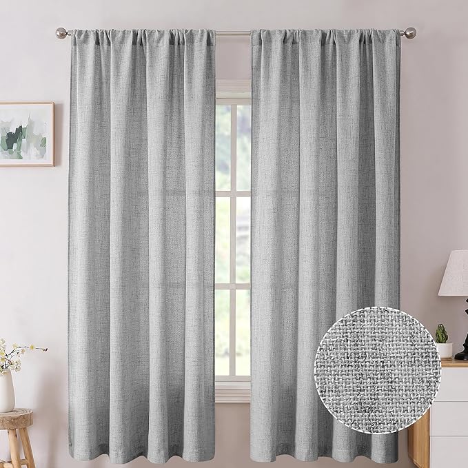 Tollpiz Linen Curtain Bedroom Rod Pocket Semi Sheer Curtains Burlap Light Filtering Thick Linen Drape for Living Room, 54 x 63 inches Long, Silver Grey, Set of 2 Panels