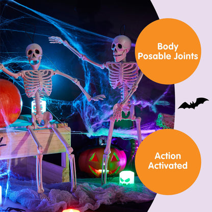 JOYIN 2PCS 16" Halloween Skeleton Decor, Full Body Stayable Movable Joints, Posable Hanging Skeletons for Halloween Decoration, Yard, Graveyard, Haunted House Props, Spooky Scene Party Favor