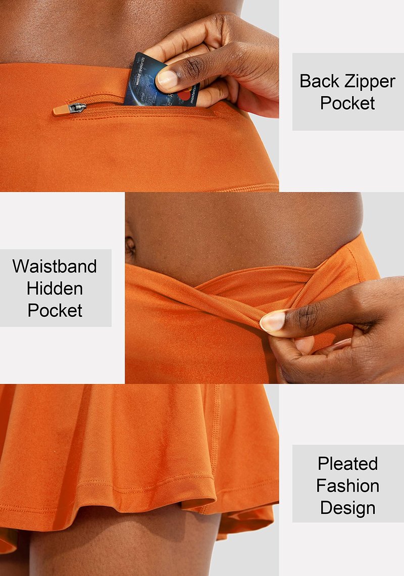 SANTINY Pleated Tennis Skirt for Women with 4 Pockets Women's High Waisted Athletic Golf Skorts Skirts for Running Casual (Orange_XXS)