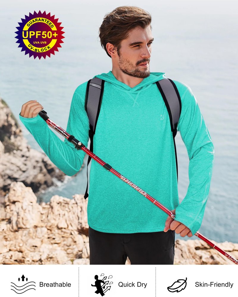 Roadbox Mens UPF 50+ Fishing Shirts - Long Sleeve UV Sun Protection Hoodie Outdoor Hiking Shirts for Sports Running