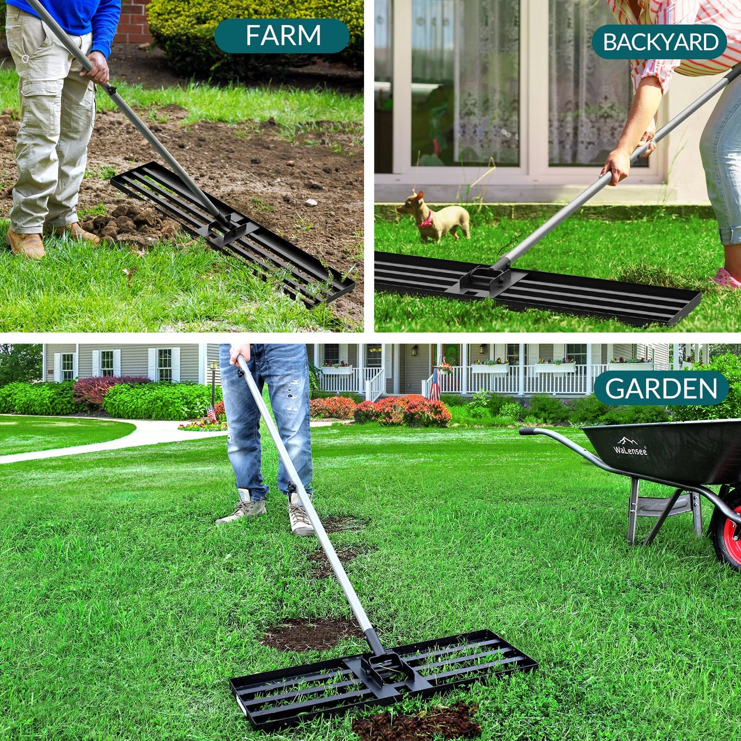 Walensee Lawn Leveling Rake, Levelawn Tool, Heavy Duty Effort Saving Lawn Level Tool, Steel Handle Lawn Leveler for Yard Garden Golf Course , Ease Level Soil Sand Dirt Surfaces, 7FT 45"x10"