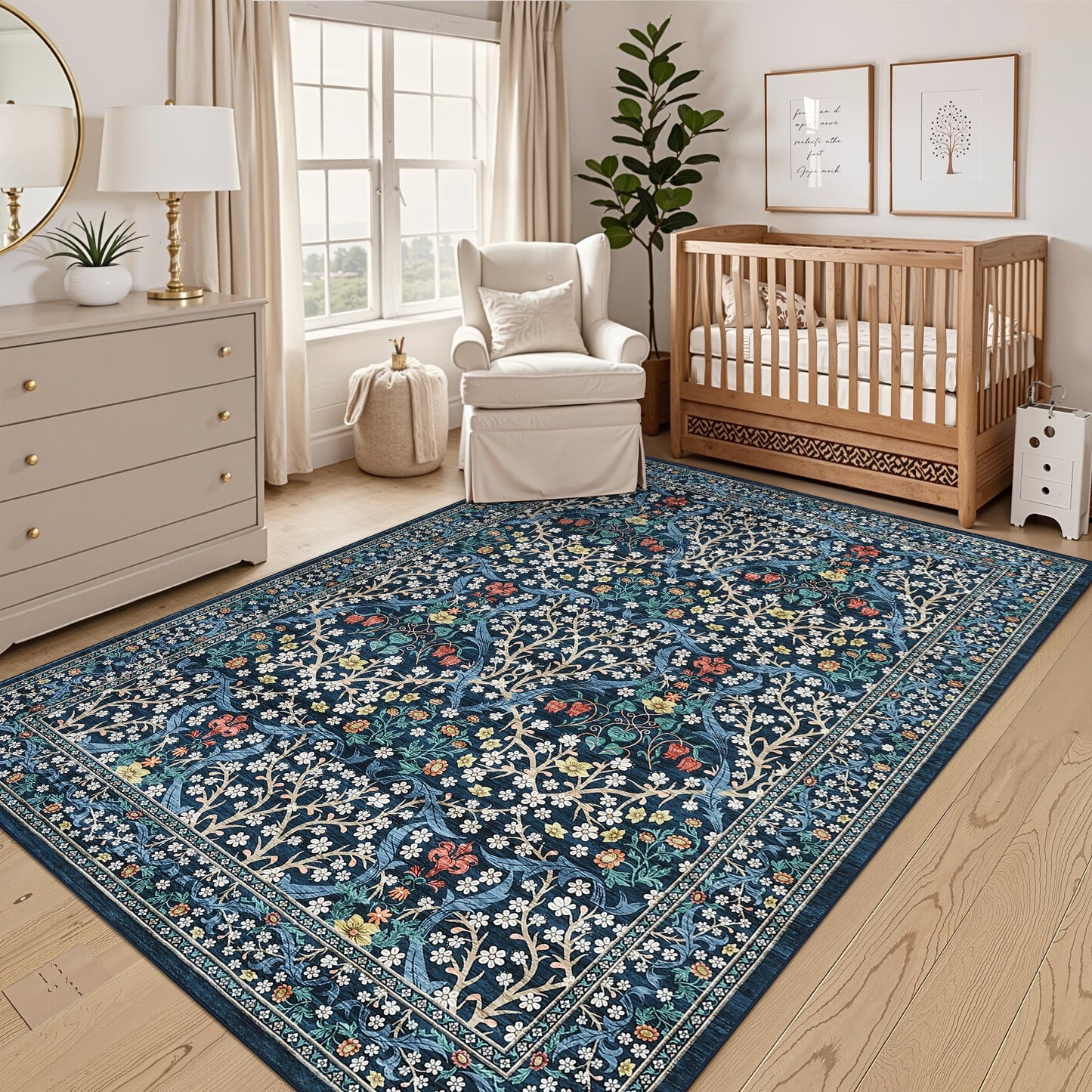 GarveeHome 8x10 Area Rugs, Washable Rugs for Living Room Non Slip Stain Resistant Ultra Soft Floral Rug, Boho Carpet Floor Mat for Bedroom Dining Room Nursery Playroom Office, Dark Blue