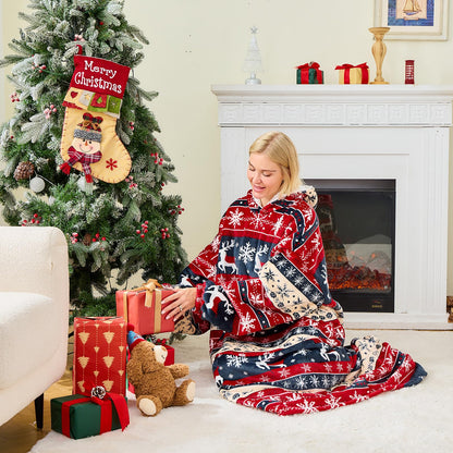 Moinlizy Wearable Blanket Hoodie, Long Thick Hooded Blanket Oversized for Adults Women Men with Pocket and Sleeves, Christmas Red Xmas Deer