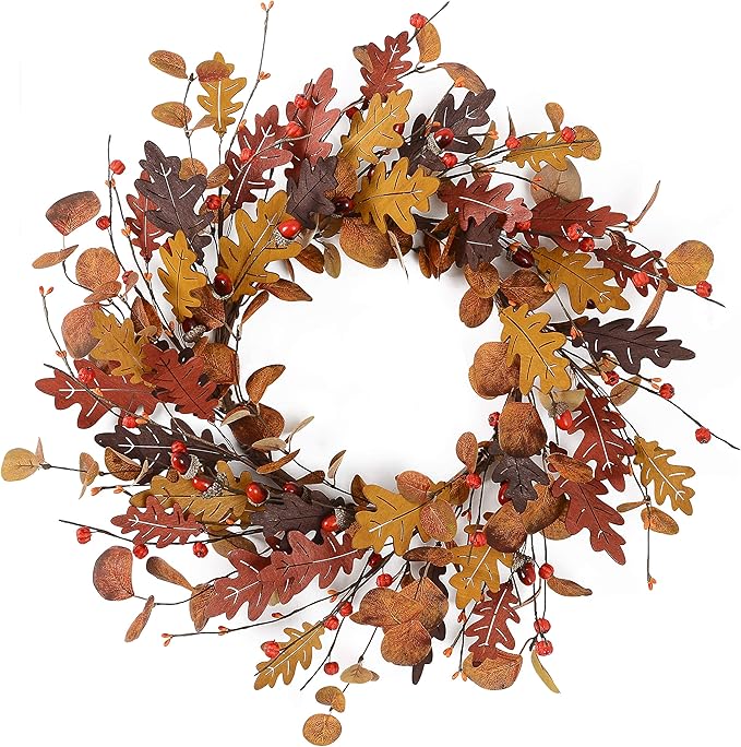 YNYLCHMX 18" Fall Wreaths for Front Door, Artificial Autumn Wreath, Fall Door Wreath with Eucalyptus Leaves and Berries for Home Porch Window Wall Farmhouse Decor, Indoor Outdoor, Holiday Decor