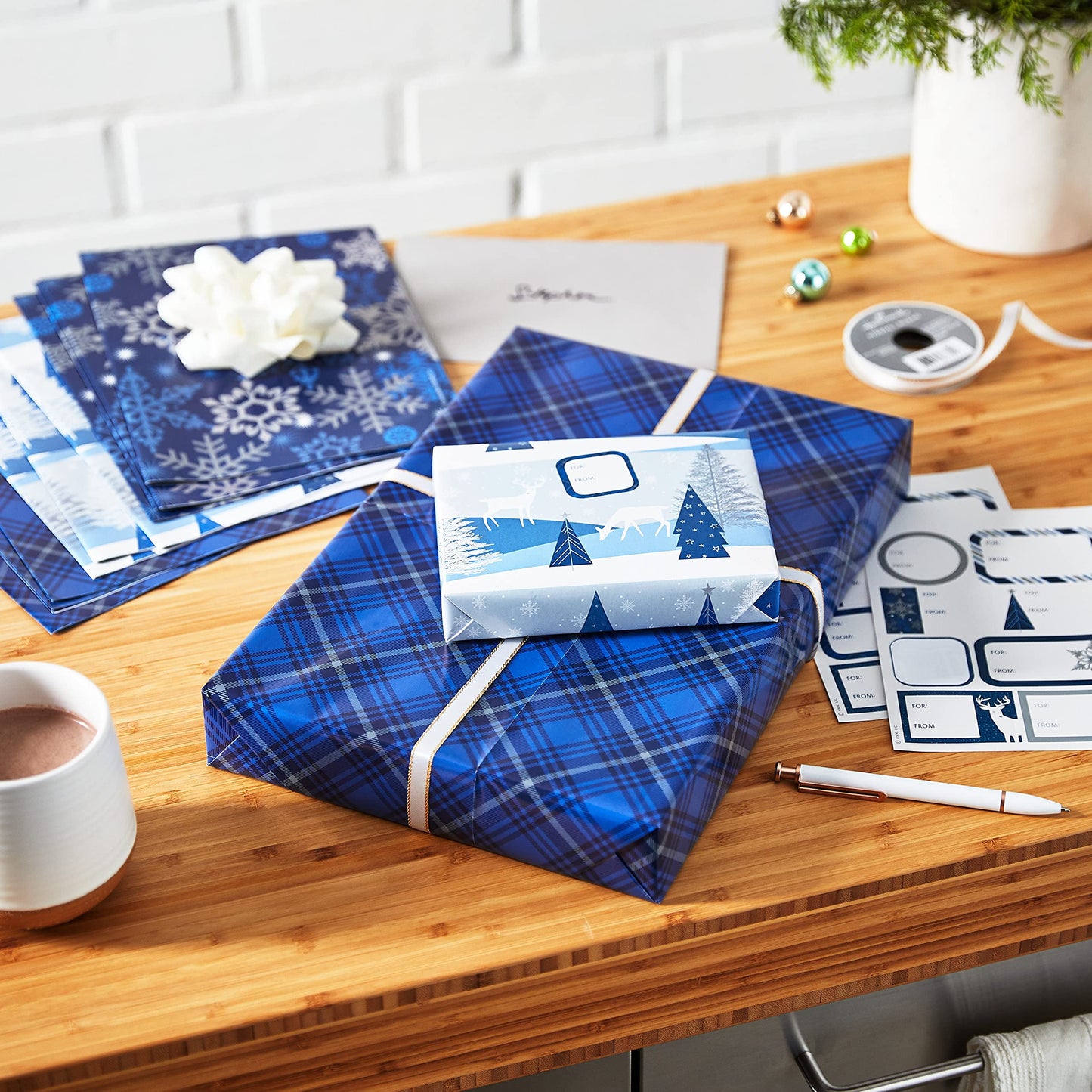 Hallmark Christmas Flat Wrapping Paper Sheets with Gift Tag Seals - Snowflakes, Deer, Tartan Plaid Gift Wrap Paper (12 Sheets, 16 Gift Tag Stickers) for Holiday Parties, Hanukkah, Winter Weddings