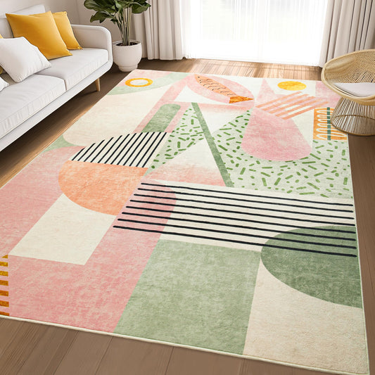 Tepook Pink Area Rug for Living Room, 8x10 Indoor Carpet for Bedroom Washable, Non-Slip Abstract Print Kids Rug for Nursery Playroom Classroom Dorm Office Dining Room