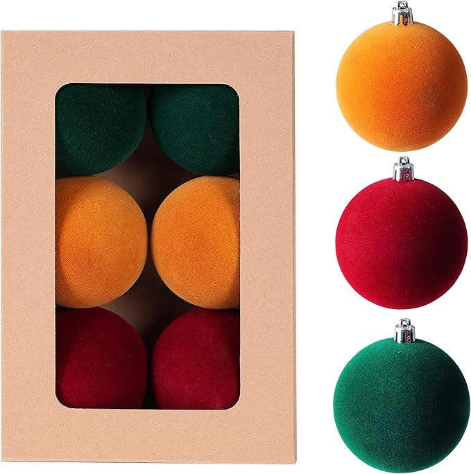 Amooca 3.15in Large Christmas Balls Ornaments Flocking Xmas Tree Hanging Decoration New Year Holiday Party Baubles 6pc Set Red Orange Green