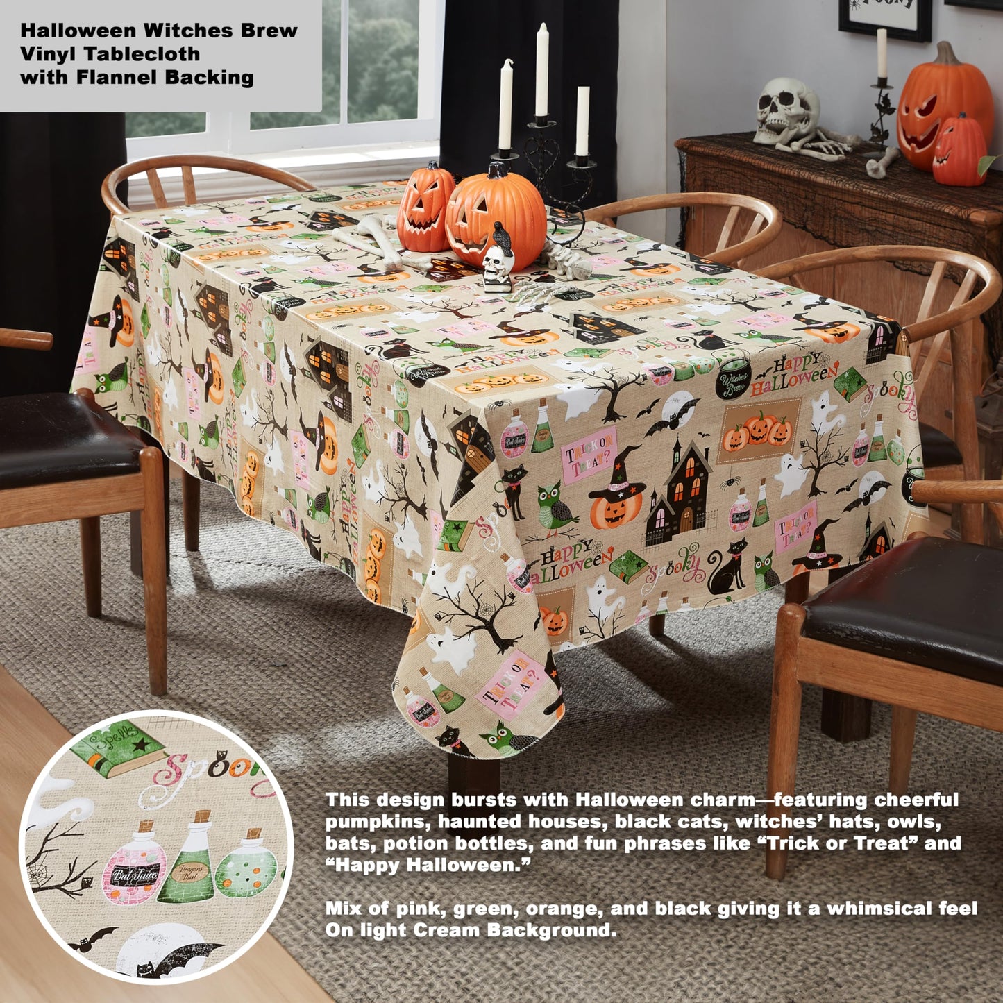 Newbridge Happy Halloween Witches Brew 52 x 70 Inch Rectangle Vinyl Tablecloth with Flannel Backing