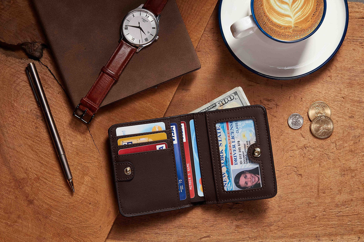 Gostwo Small Wallet for Women, RFID Blocking Wallet, Credit Card Holder Wallet, Compact Bifold Luxury Genuine Leather Pocket Passport Wallet Ladies Girls Mini Purse Travel with ID Window, Coffee