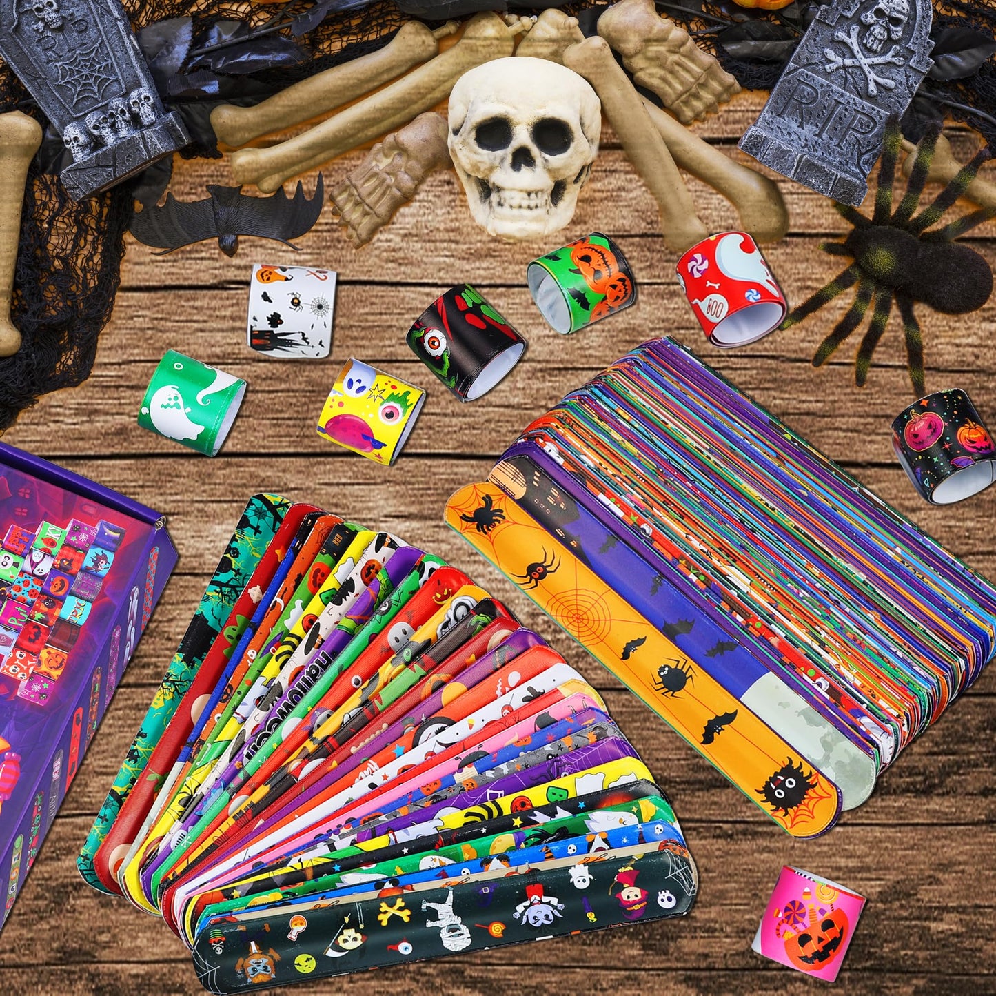 LUYI 144 PCS Halloween Slap Bracelets，Halloween Party Favors Supplies for Kids-108 Different Designs Bracelets Bulk for Halloween Decorations Treat Toys Bag Stuffers Gift for Kids Girls Boys
