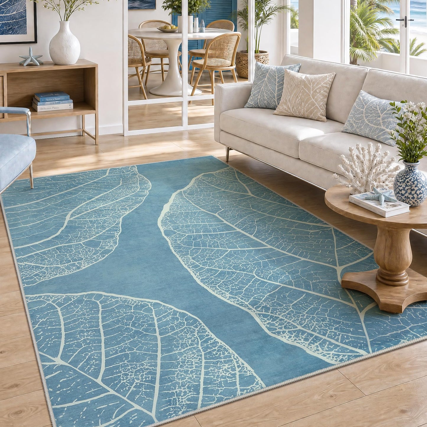 Tribesigns Abstract 5x7 Machine Washable Area Rugs for Living Room, Soft Rug for Bedroom Dining Room, Boho Non-Slip Low Pile Carpet for Entryway Kitchen Decor, Blue Botanical Leaf Print