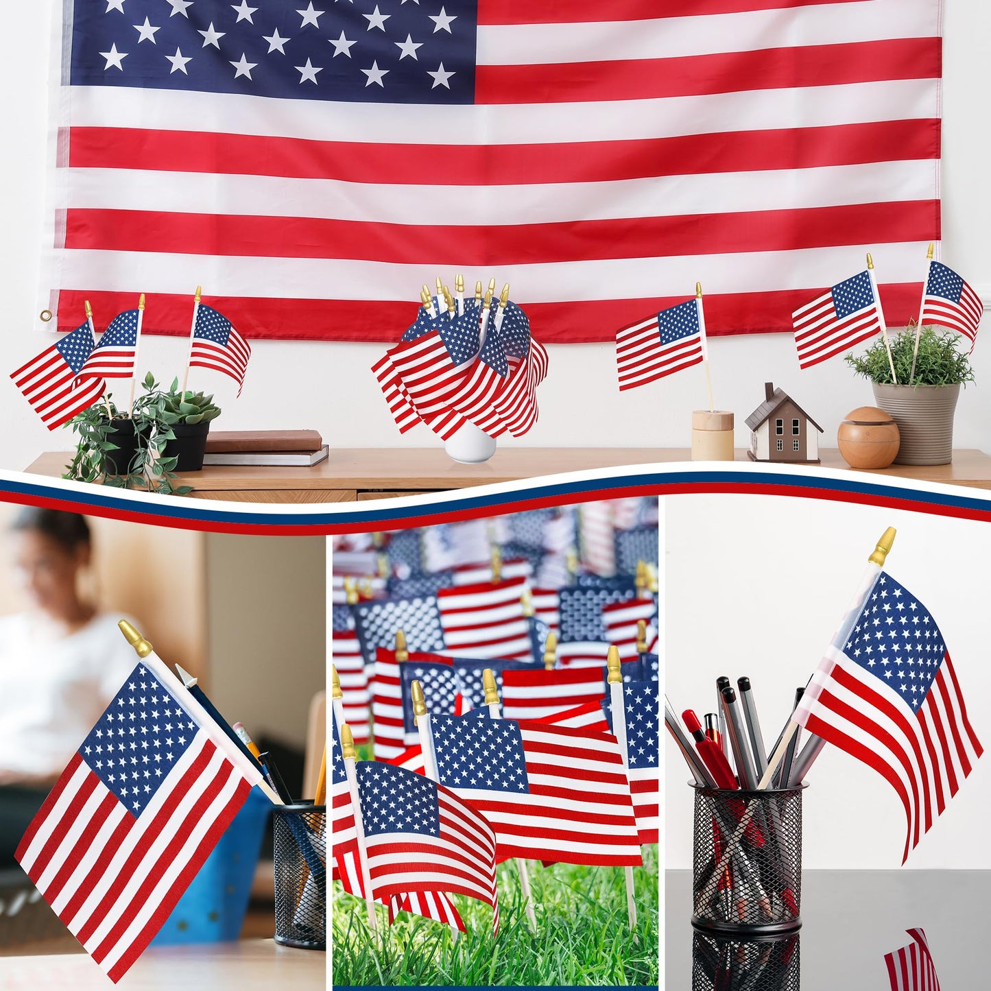 12 Pcs Small American Flags on Stick, 6x4 In 4th of July Decorations, Mini Patriotic USA Flag, Fourth of July Decorations, Hand Held July 4th Flag for Independence Day Supplies Favor Accessories