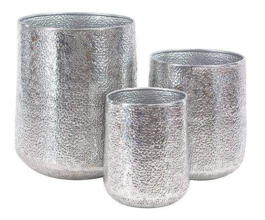 Deco 79 Aluminum Metal Indoor Outdoor Planter Large Planter Pot with Hammered Design, Set of 3 Planters 12", 16", 20"H, Silver