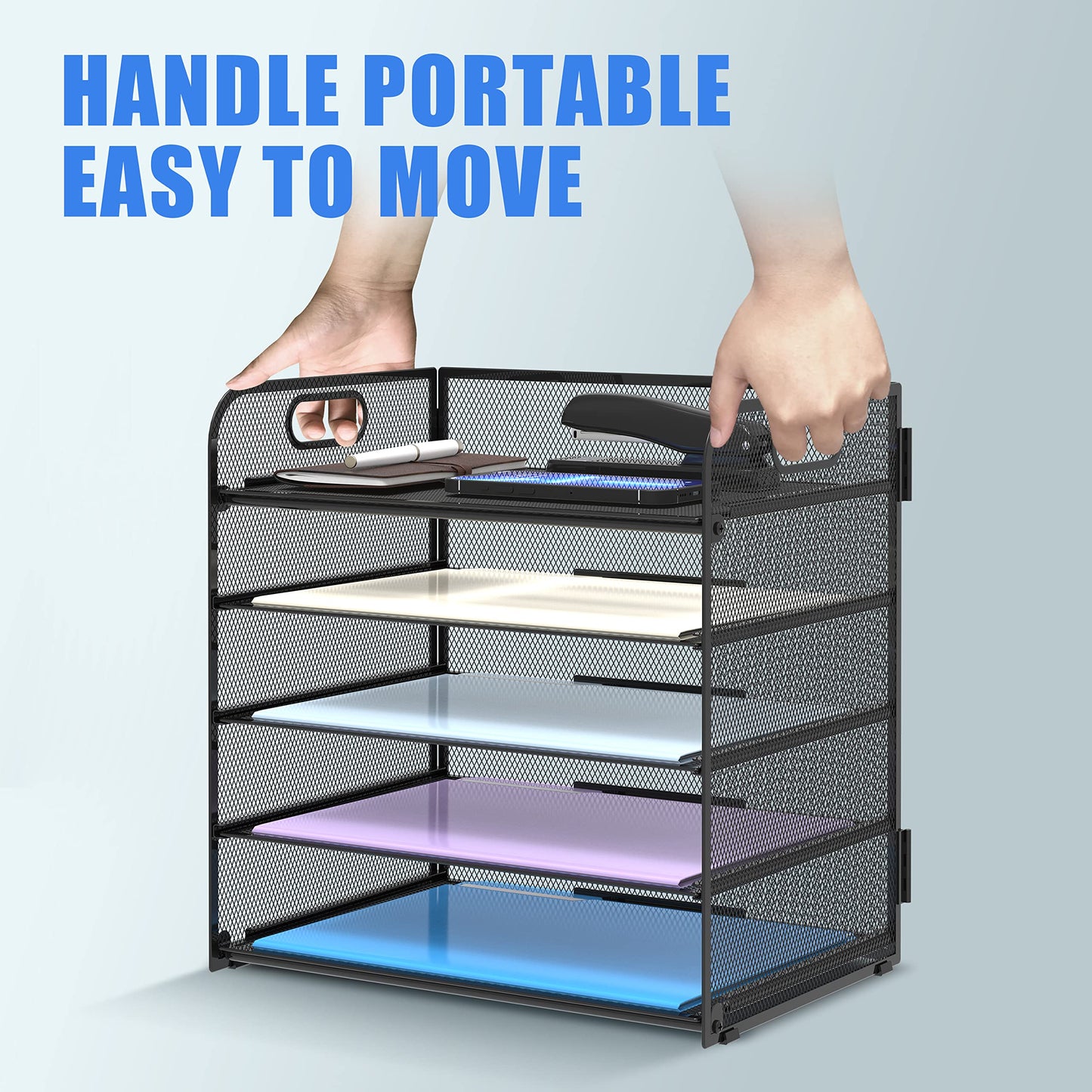 Supeasy 5 Trays Paper Organizer Letter Tray with Handle-Mesh Desk File Organizer, Paper Sorter Desk Organizer for Office, Home or School