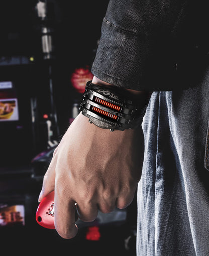 Binary Matrix Blue LED Digital Watch Mens Classic Creative Fashion Black Plated Wrist Watches (Black Red)