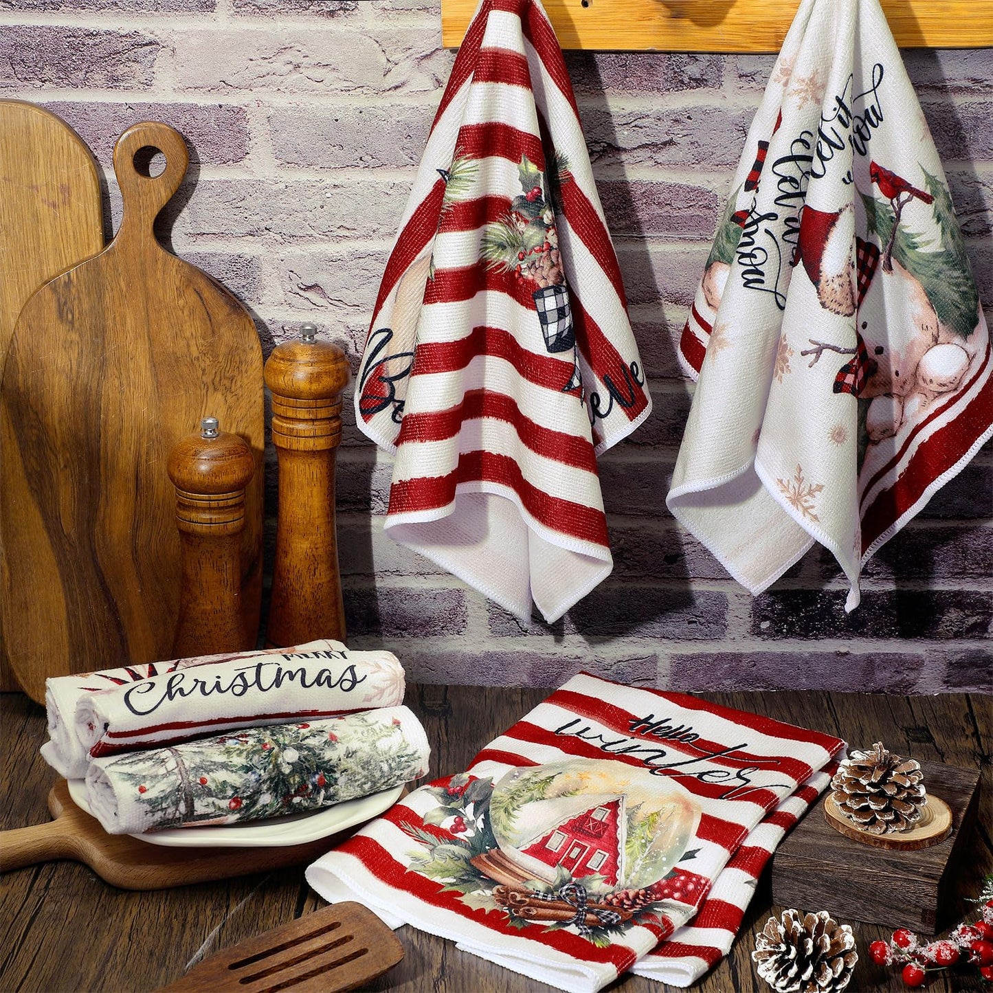 FuWeave 6 Pcs Christmas Kitchen Towels Red White Snowman Winter Dish Towel 21 x 14 Inch Decorative Bathroom Hand Towel Absorbent Holiday Tea Towel Christmas Decor for Kitchen Farmhouse Gift
