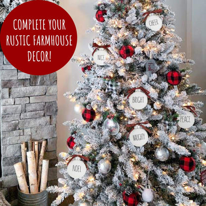 Buffalo Plaid Christmas Tree Ornaments - Set of 9 Shatterproof Bulbs - Farmhouse Word Ornaments - Compatible with Rae Dunn Rustic Decorations - Matte White Bulbs with Red & Black Buffalo Check Bows
