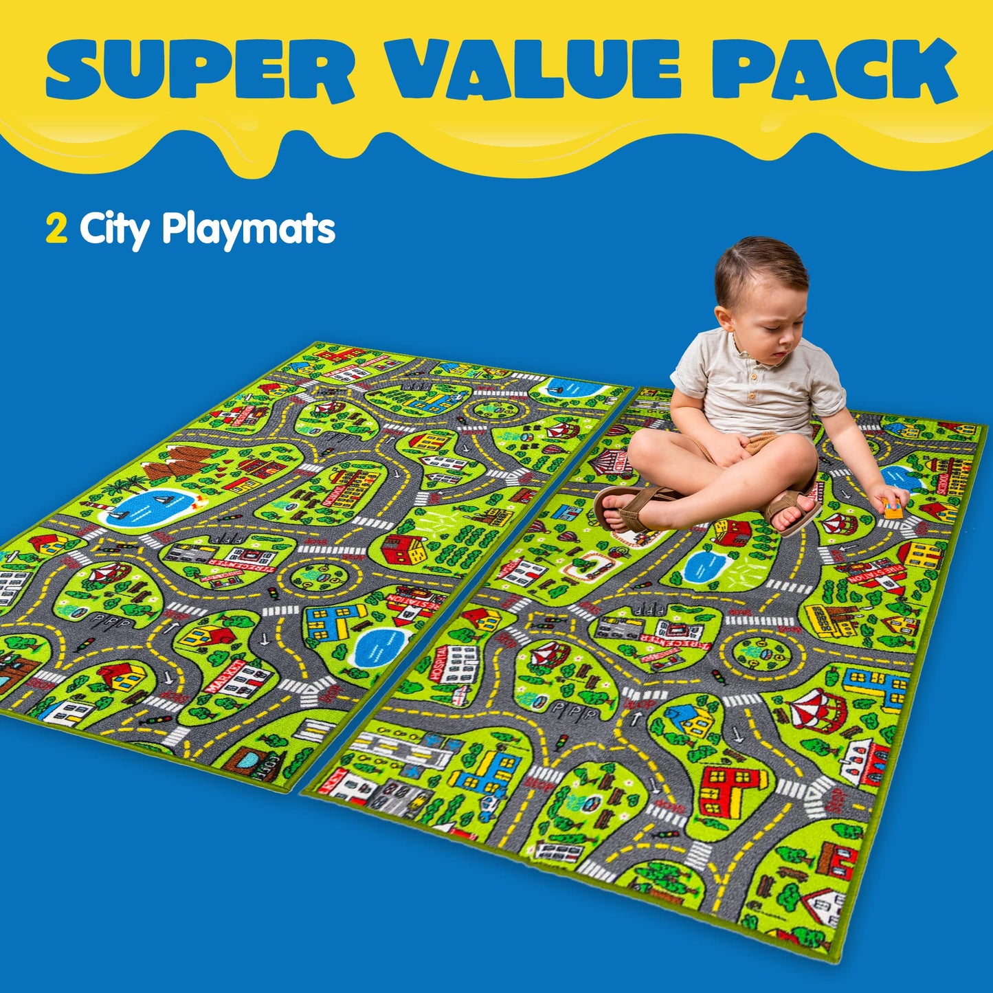 JOYIN 2 Pack Kids City Town Rug(150x80cm),Car Play Carpet,Road Rug for Toddlers,Pretend Play Gift for Kids,Educational Floor Mat for Bedroom & Playroom,Toy for Boys and Girls