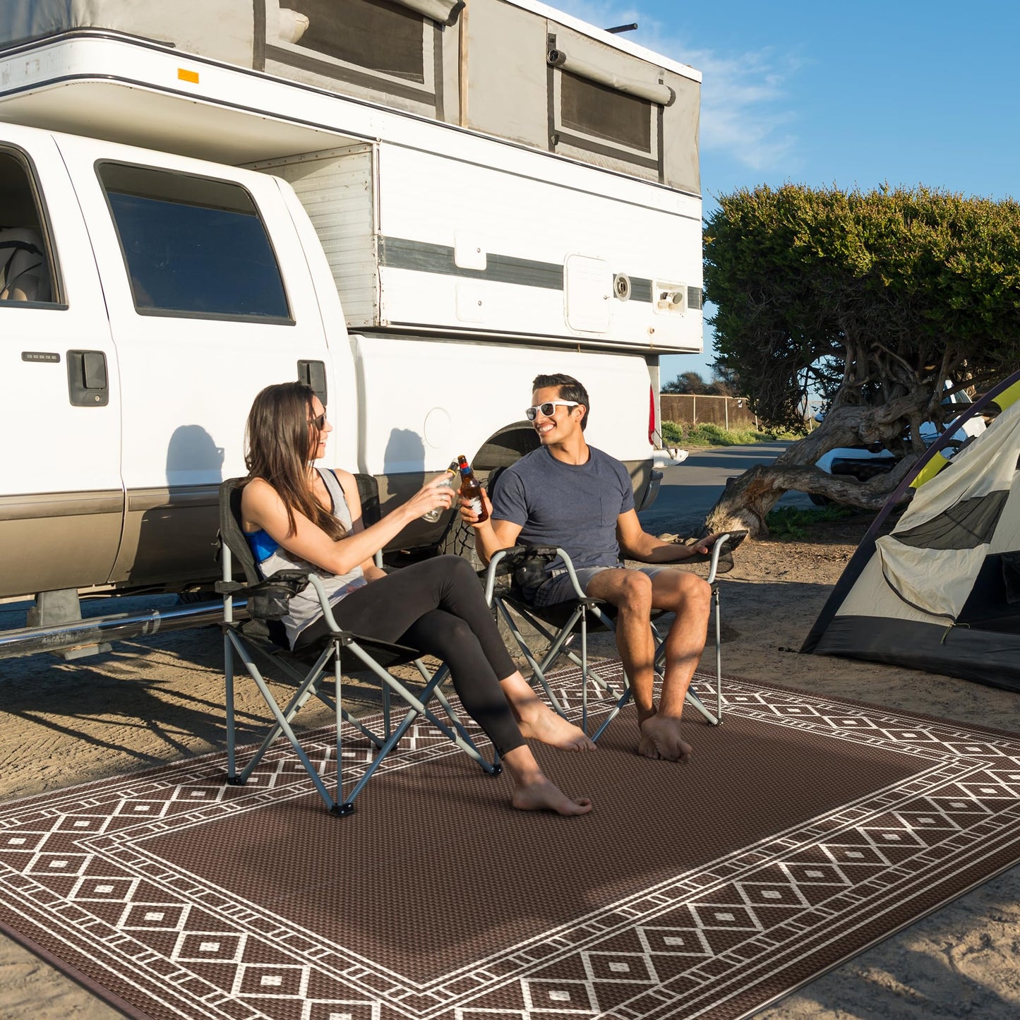 GENIMO Outdoor Rug Waterproof for Patio, 8'x10' Foldable Reversible Plastic Straw Carpet for Travel Trailers, Outside Area Mat for Rv, Deck, Picnic, Porch, Camper, Balcony, Beach, Coffee & Beige