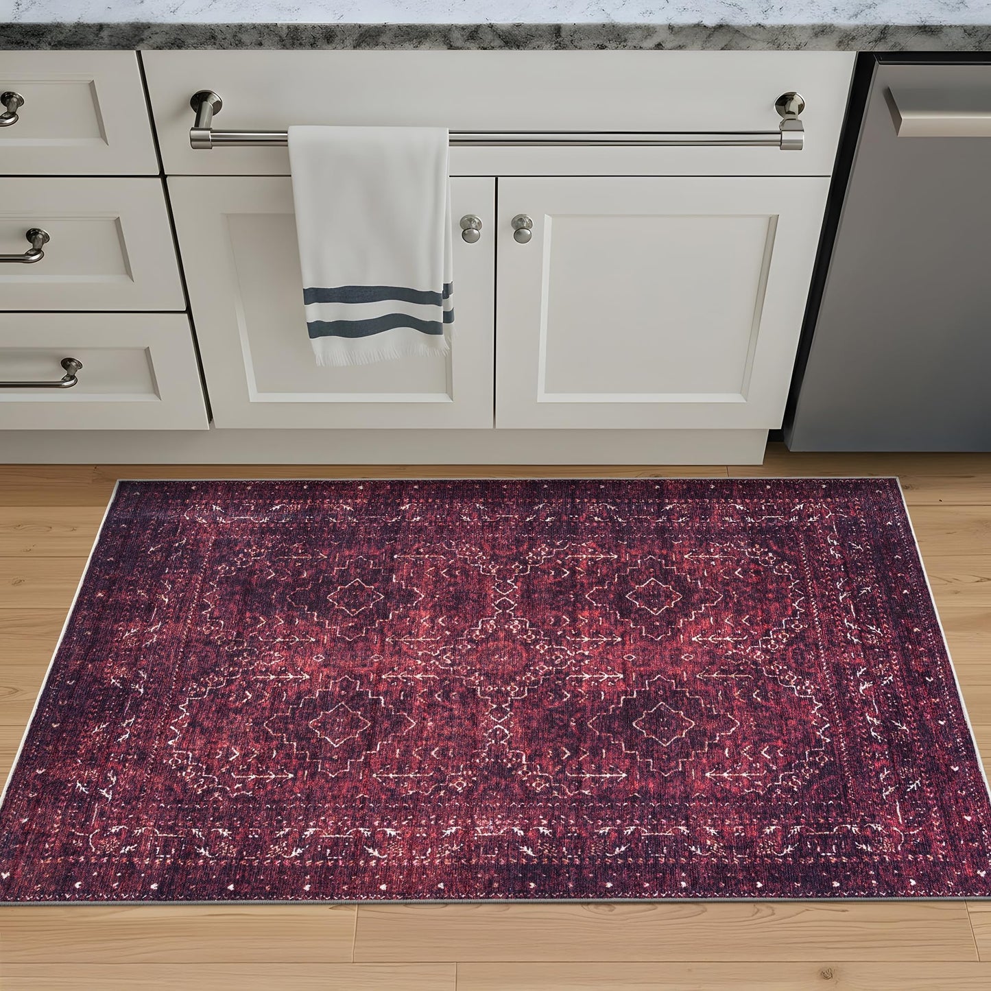 Bloom Rugs Washable Non-Slip 3' x 5' Rug - Dark Red Traditional Bordered Area Rug for Living Room, Bedroom, Dining Room, and Kitchen - Exact Size: 3' x 5'