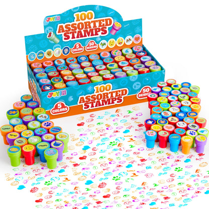 JOYIN 100PCS Assorted Stamps for Kids Self-Ink for Party Favor, Teacher Stamps, Kids Treasure Box, Prize for Classroom, Easter Egg Stuffers (50 Designs, Dinosaur, Halloween Stampers)