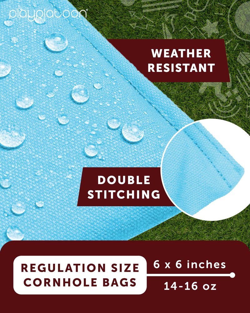 Play Platoon Weather Resistant Cornhole Bags - Set of 8 Regulation Corn Hole Bean Bags - Light Blue & Black - Durable Duck Cloth Corn Hole Bag for Tossing Game, Includes Tote Bag