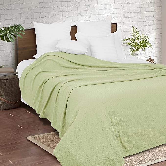 BELIZZI HOME 100% Cotton Bed Blanket, Breathable Thermal Blanket King Size, Soft Chevron 90inchx102inch, Perfect for Layering Any All Season, Sage Green, (90inchx102inch)