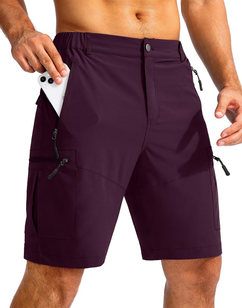 Pudolla Men's Hiking Cargo Shorts 9" Lightweight Outdoor Work Shorts for Men Travel Golf Camping Casual with 5 Zipper Pockets(Wine X-Large)