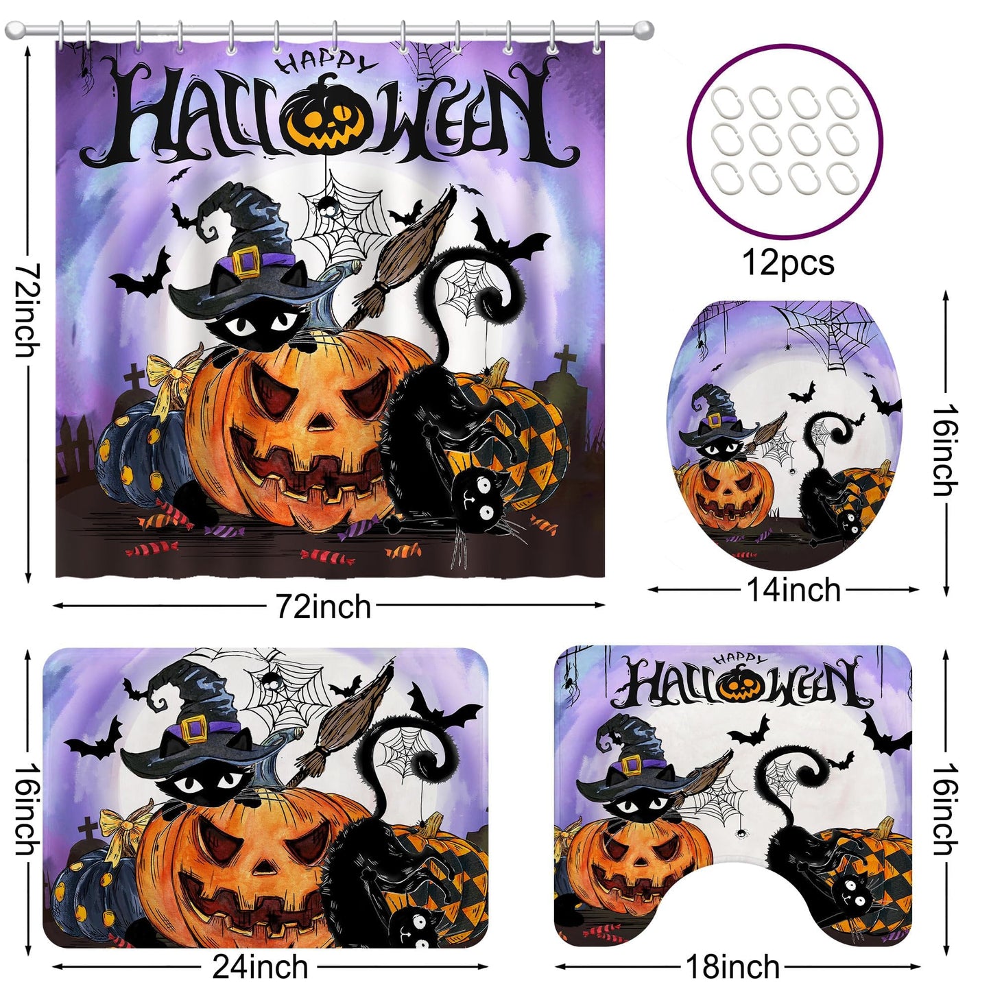 Bonsai Tree Halloween Shower Curtain Set, Halloween Bathroom Decor Set with Shower Curtain and Rugs Accessories, Spooky Curtains for Bathroom Decor Sets 4 Pcs